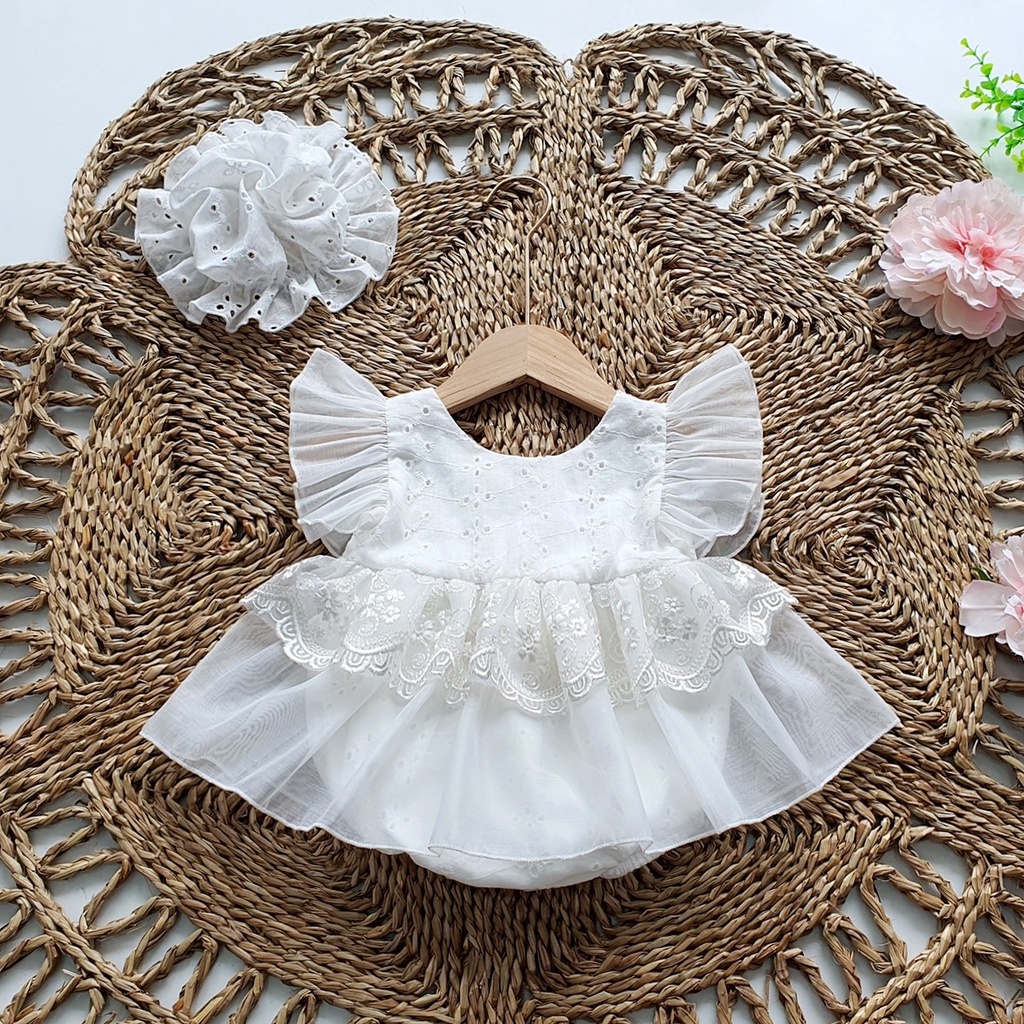 Set váy bé gái sơ sinh phối voan kèm nón MINTSCLOSET Mints Closet bodysuit giả váy bé trắng 1 2 tuổi - BV7039 - BV7038