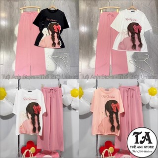 [25 Mẫu Mới] Set Bộ Cotton Quần Dài Ống Suông Gân Tăm Cao Cấp - Set Dài Nữ Lưng Cao Ống Rộng Phối Áo Thun 3D Hàn Quốc