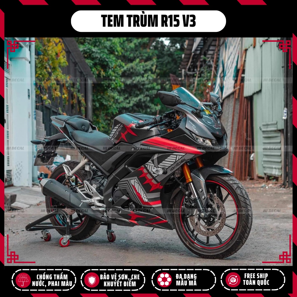 Tem trùm dán xe R15 v3 màu đen đỏ | Mẫu R15H011 | Decal dán xe R15v3 chống nước, chống phai màu