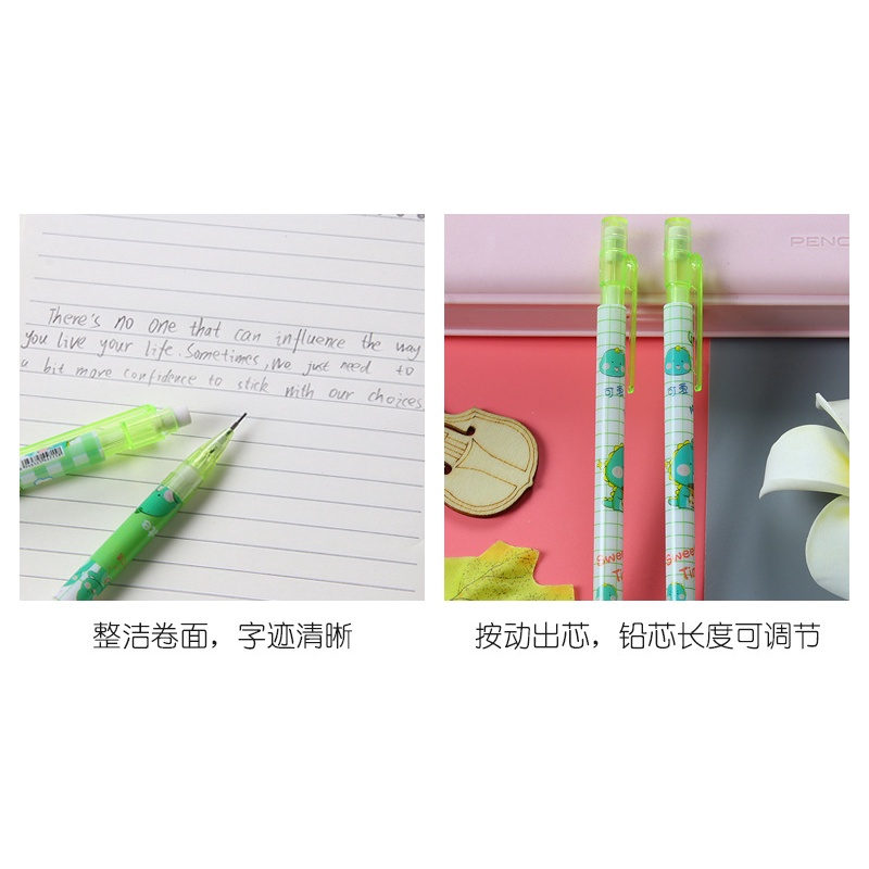 3 Bút Chì Bấm Khủng Long Xanh Kèm Tẩy