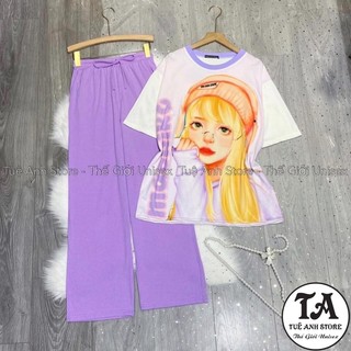 [Mẫu Mới] Set Đồ Bộ Cotton Quần Dài Ống Suông Gân Tăm Cao Cấp - Set Dài Nữ Lưng Cao Ống Rộng Phối Áo Cổ Viền Cô Gái