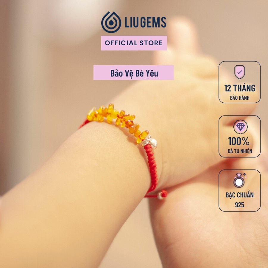Vòng Tay Chỉ Đỏ May Mắn Cho Bé Liugems Đá Phong Thuỷ Hổ Phách Mix Bạc 925 CD09