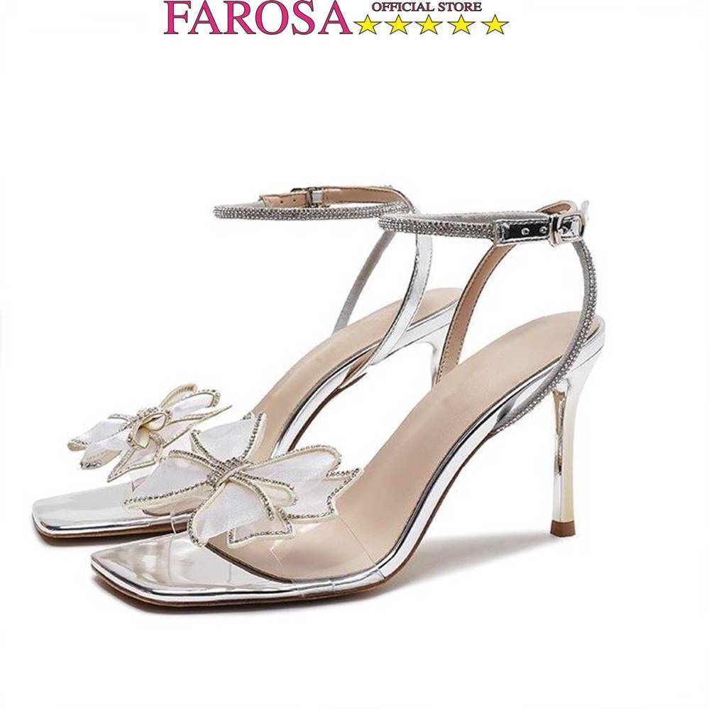 Giày sandal cao gót nữ gót đũa 9p FAROSA - N10 quai nơ kim tuyến phối quai hậu cực xinh