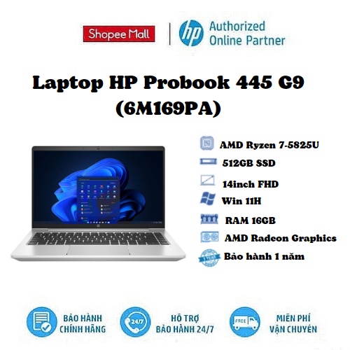 [Mã ELHP2TR5 giảm 12% đơn 18TR] Laptop HP Probook 445 G9/ Bạc/ 512GB SSD/ AMD Radeon Graphics/ 14inch FHD/ Win 11H/ 1Yr