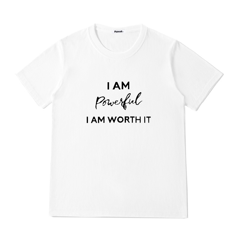 Áo Thun Nữ HappyFamily - Áo Phông Nữ Tay Lỡ I Am Powerful I Am Worth It Chất Cotton 100 Cao Cấp 2 Màu Trắng Đen
