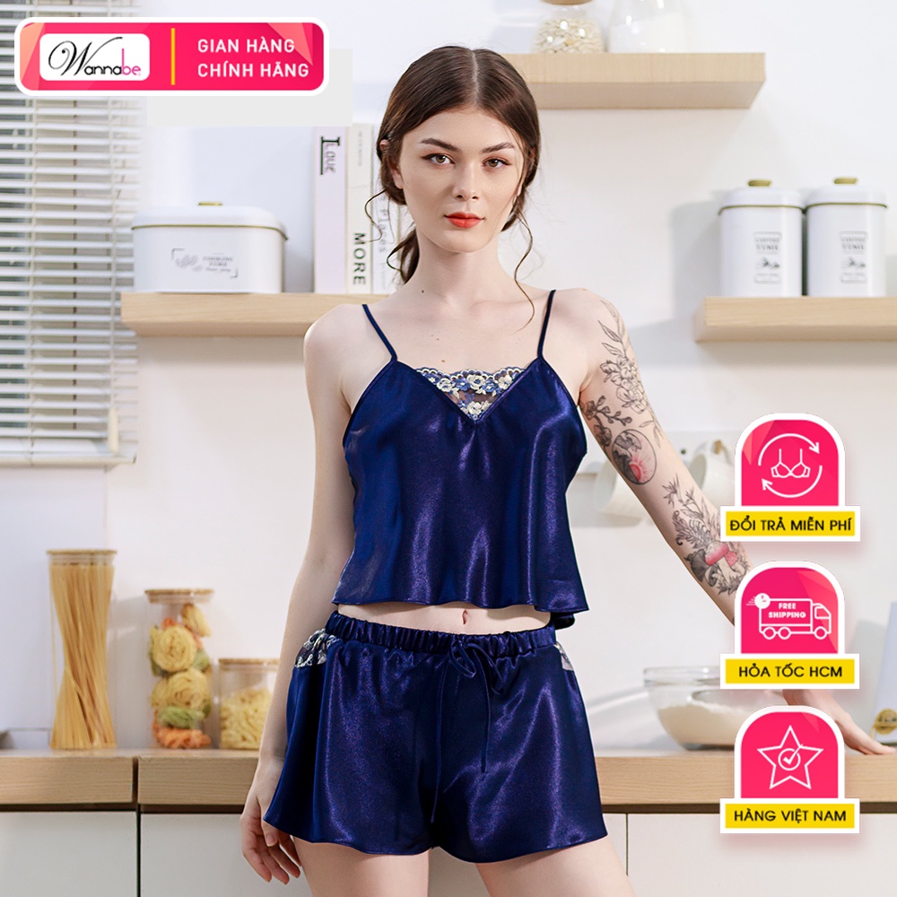 Đồ bộ mặc nhà lụa cao cấp WANNABE BSS62 đồ bộ quần sọt áo croptop 2 dây cổ áo phối ren thêu Nhật hình tam giác nhẹ nhàng