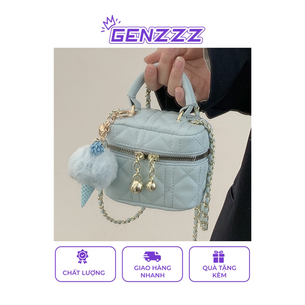 Túi xách đeo chéo, túi xách hộp GENZZZ trang trí móc kem bông phong cách Hàn Quốc T002