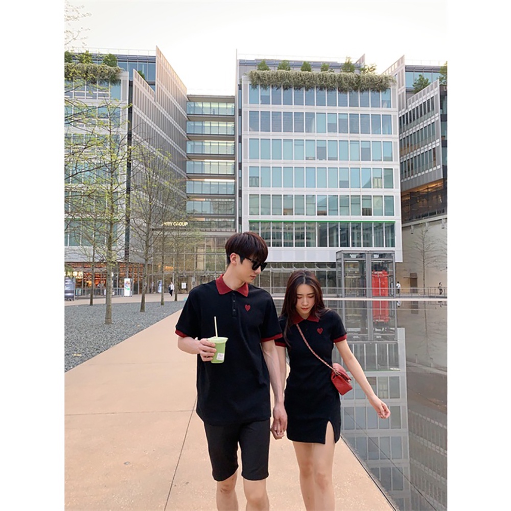 Áo Polo trái tim form rộng - Áo đôi cotton màu be, đen