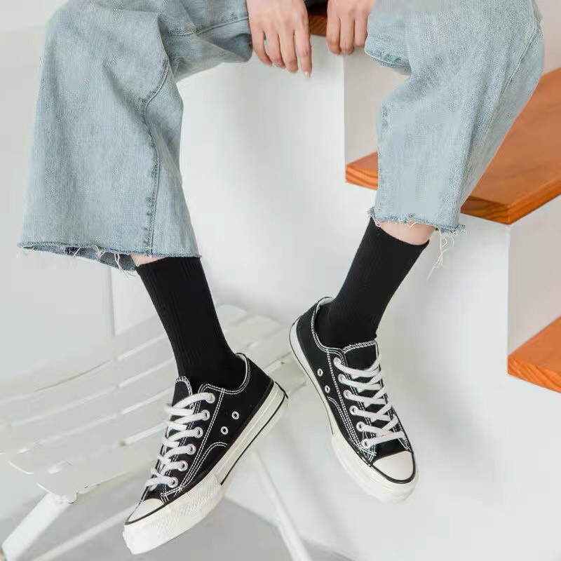[Mua 10 tặng 2] Sỉ tất 10 đôi trơn cao cổ nam nữ 3B màu trắng, đen chất cotton thoáng mịn dệt kim- CBTT10