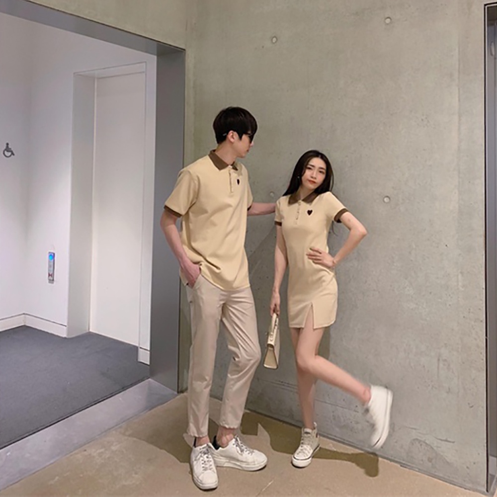 Áo Polo trái tim form rộng - Áo đôi cotton màu be, đen