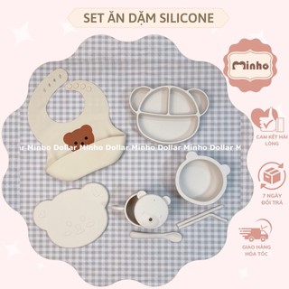 <Tặng nắp> Set ăn dặm khay size nhỏ 5 món bằng silicon cao cấp cho bé gồm bát, khay, yếm, thìa Minho