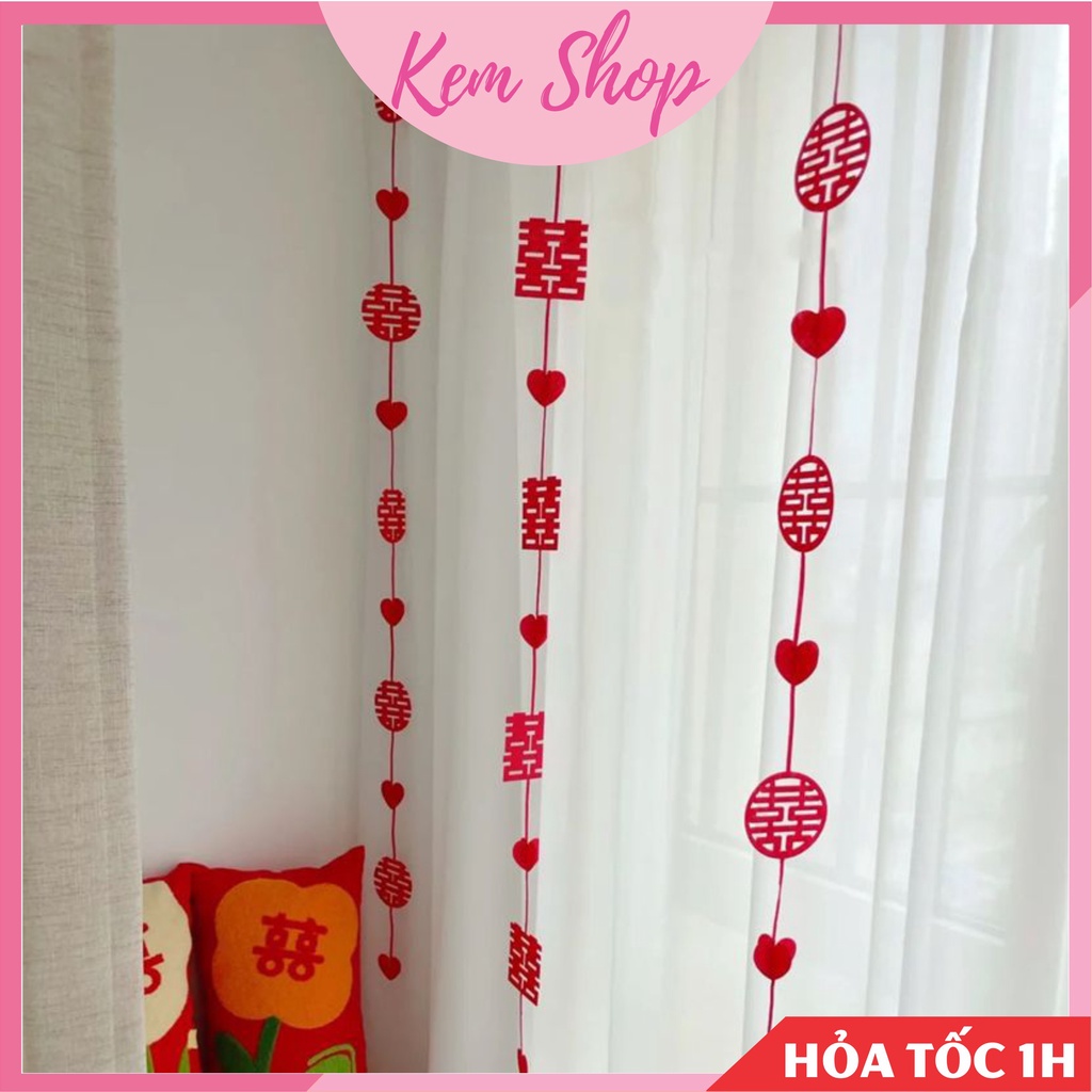 Set 4 dây chữ hỷ kèm trái tim trang trí rèm, cửa sổ phòng cưới - Kem Shop K327