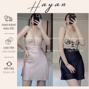 HT141 Váy ngủ sexy xẻ hông có GỌNG tôn dáng,đầm ngủ lụa phối ren nơ ngực gợi cảm HT141