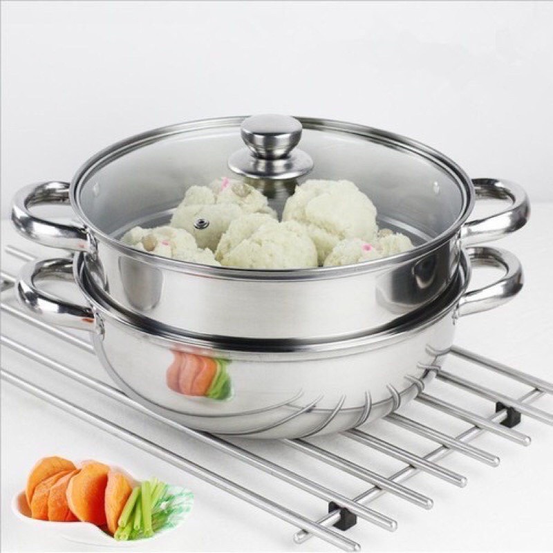 Bộ xửng hấp - nồi hấp 2 tầng  nắp kính inox 28cm cao cấp hấp xôi - hấp bánh bao đa năng -  tiện dụng