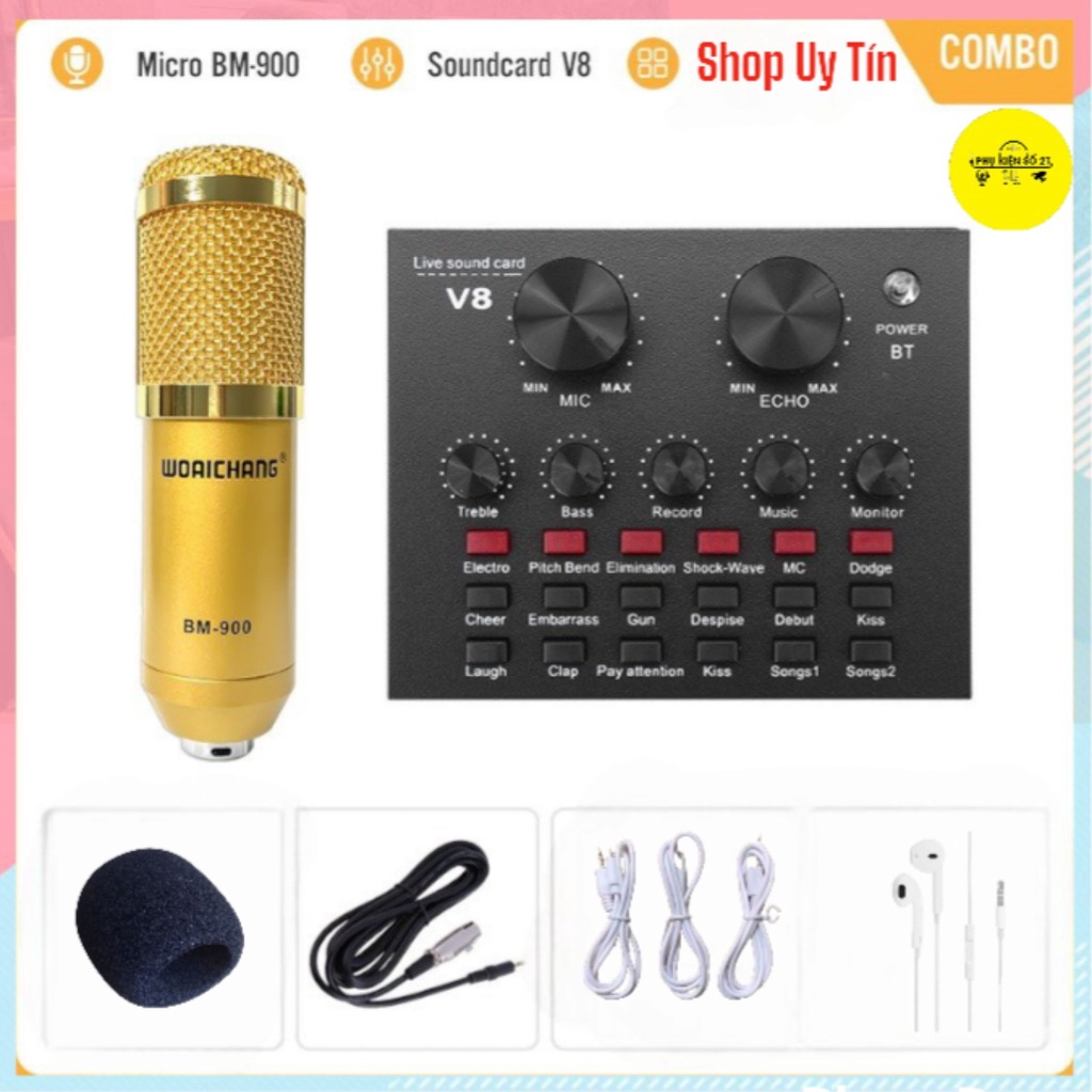 Combo Soundcard V8 Chính Hãng Bluetooth + Mic Karaoke Livetream BM 900