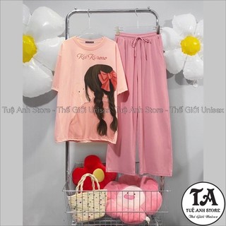 [25 Mẫu Mới] Set Bộ Cotton Quần Dài Ống Suông Gân Tăm Cao Cấp - Set Dài Nữ Lưng Cao Ống Rộng Phối Áo Thun 3D Hàn Quốc