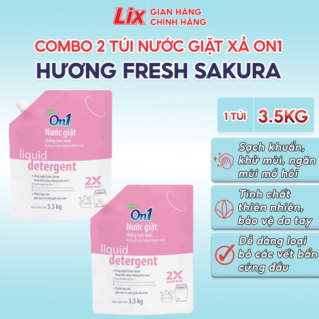 Combo 2 túi nước giặt xả On1 chống lem màu hương Fresh Sakura 3.5Kg/ túi 2C- N6403 sạch khuẩn, khử mùi