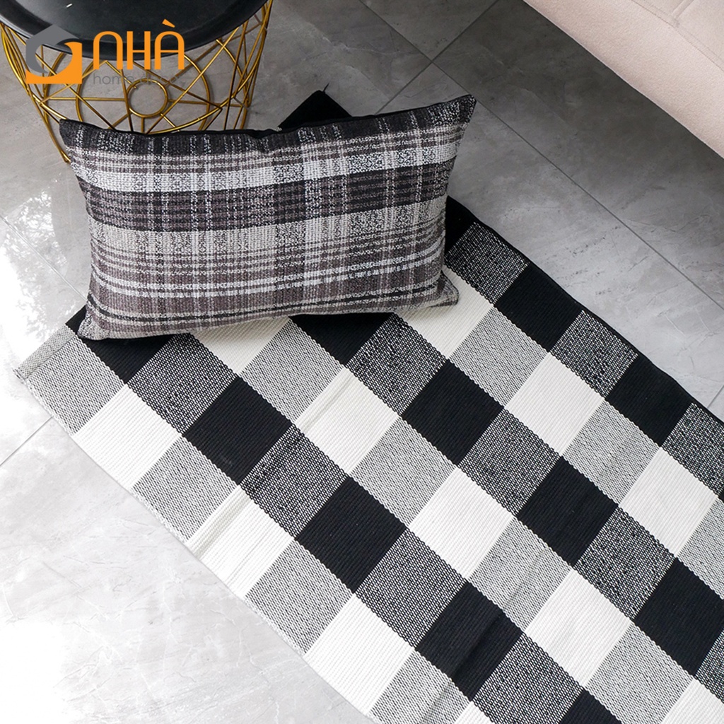 Thảm Lau Chân Canvas Trang Trí Phòng Khách Phối Màu Caro Trắng Đen