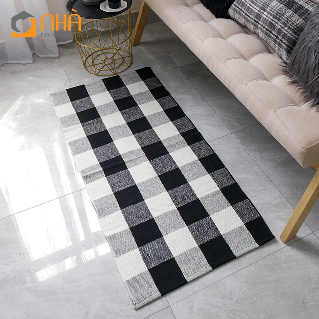 Thảm Lau Chân Canvas Trang Trí Phòng Khách Phối Màu Caro Trắng Đen