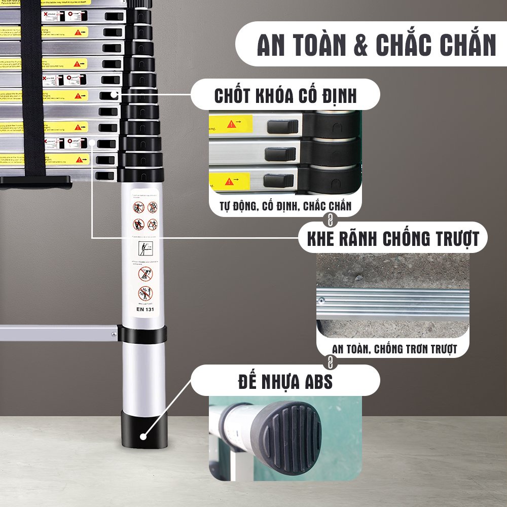 Thang nhôm rút đơn nhập khẩu DIY TL-I-38 chiều cao sử dụng tôí đa 3.8M tải trọng 150kg