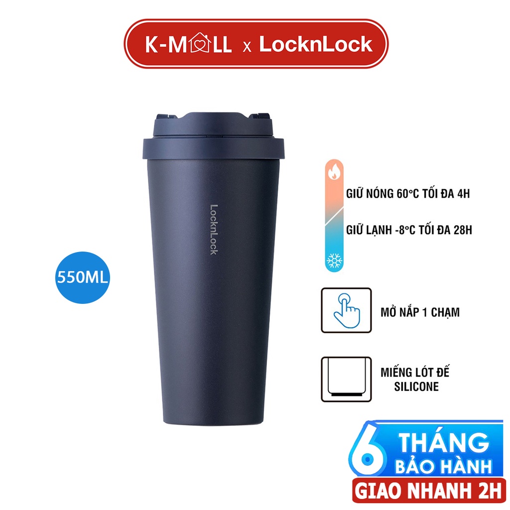 Ly giữ nhiệt LocknLock 550ml LHC3249 Màu Xanh Navy mở nắp một chạm, thép không gỉ inox 316L - K-MALL