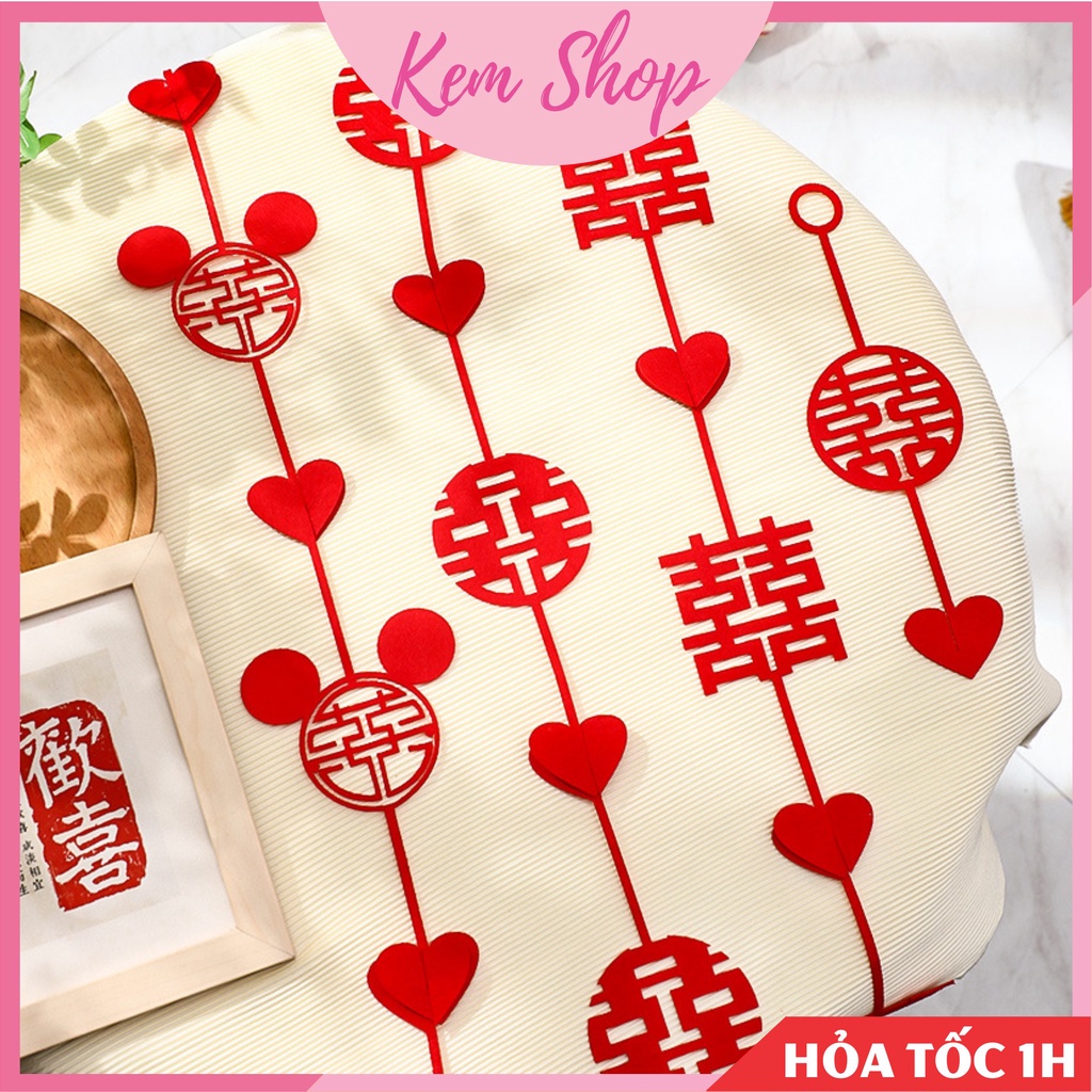 Set 4 dây chữ hỷ kèm trái tim trang trí rèm, cửa sổ phòng cưới - Kem Shop K327