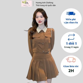 Set áo khoác dạ, áo croptop, kèm chân váy tennis xếp ly tiểu thư Tweed blazer phong cách Hàn Quốc - Chất mềm mịn
