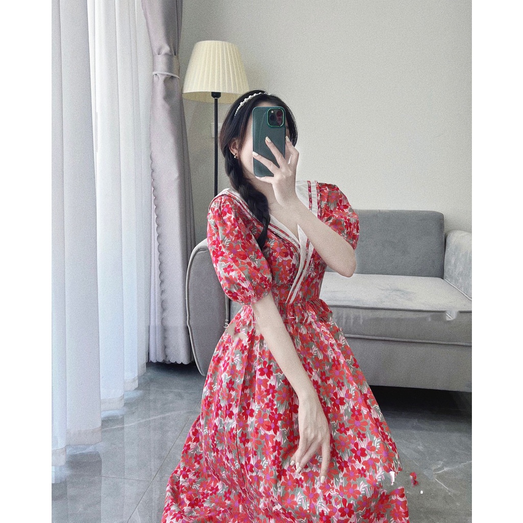 Váy hoa nhí dáng dài vintage thiết kế GOROGI, đầm hoa nhí tay phồng maxi cộc tay có bigsize VH05