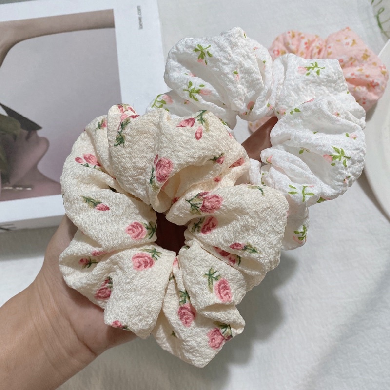 Dây Cột Tóc Scrunchies Vải Muslin Họa Tiết Hoa Nhí Dễ Thương Phong Cách Retro Hàn Quốc Phụ Kiện Tóc