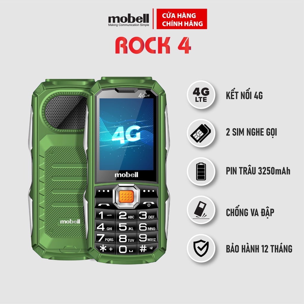 Điện thoại phổ thông Mobell ROCK4-OL thiết kế quân đội pin trâu nghe gọi cả ngày 2 sim 4G phù hợp cho người cao tuổi