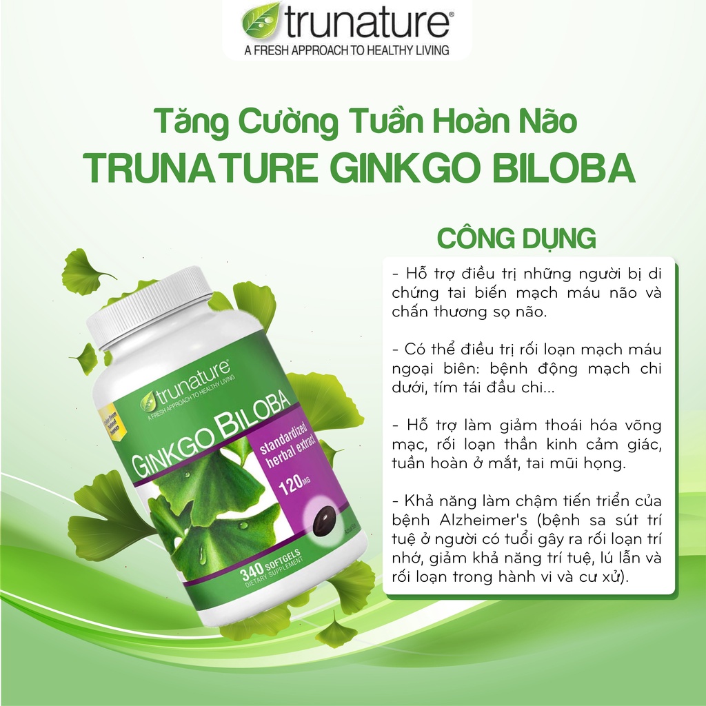 Viên uống Bổ não Trunature Ginkgo Biloba hỗ trợ tuần hoàn máu não 340 viên của Mỹ