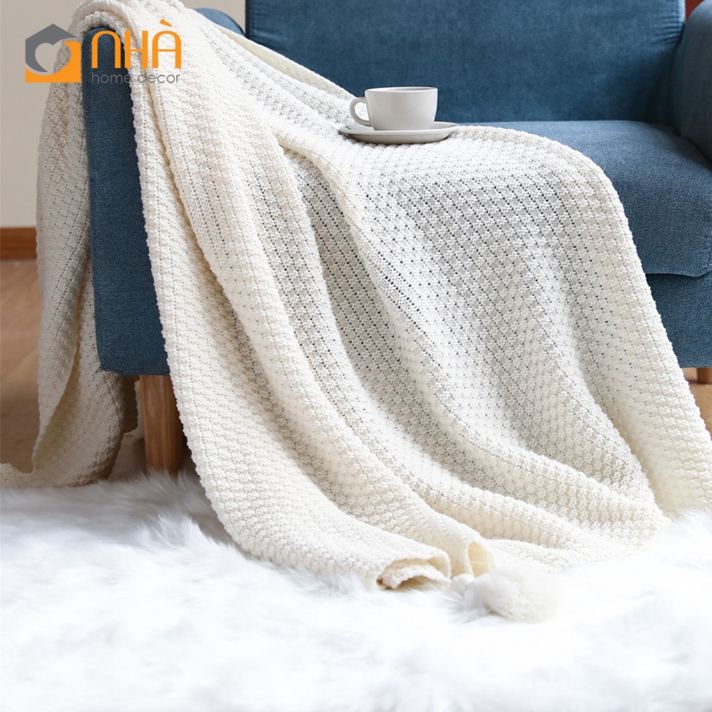 Chăn Đan Len Dệt Sợi Đính Tua Rua Trang Trí Ghế Sofa Giường Ngủ Bắc Âu