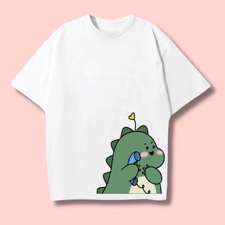 Áo thun tay lỡ unisex hình Khủng Long Ôm Điện Thoại - Áo phông A&B nam nữ form rộng cho cặp đôi vải dày dặn, thoáng mát