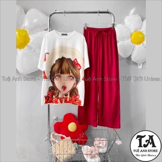 [25 Mẫu Mới] Set Bộ Cotton Quần Dài Ống Suông Gân Tăm Cao Cấp - Set Dài Nữ Lưng Cao Ống Rộng Phối Áo Thun 3D Hàn Quốc