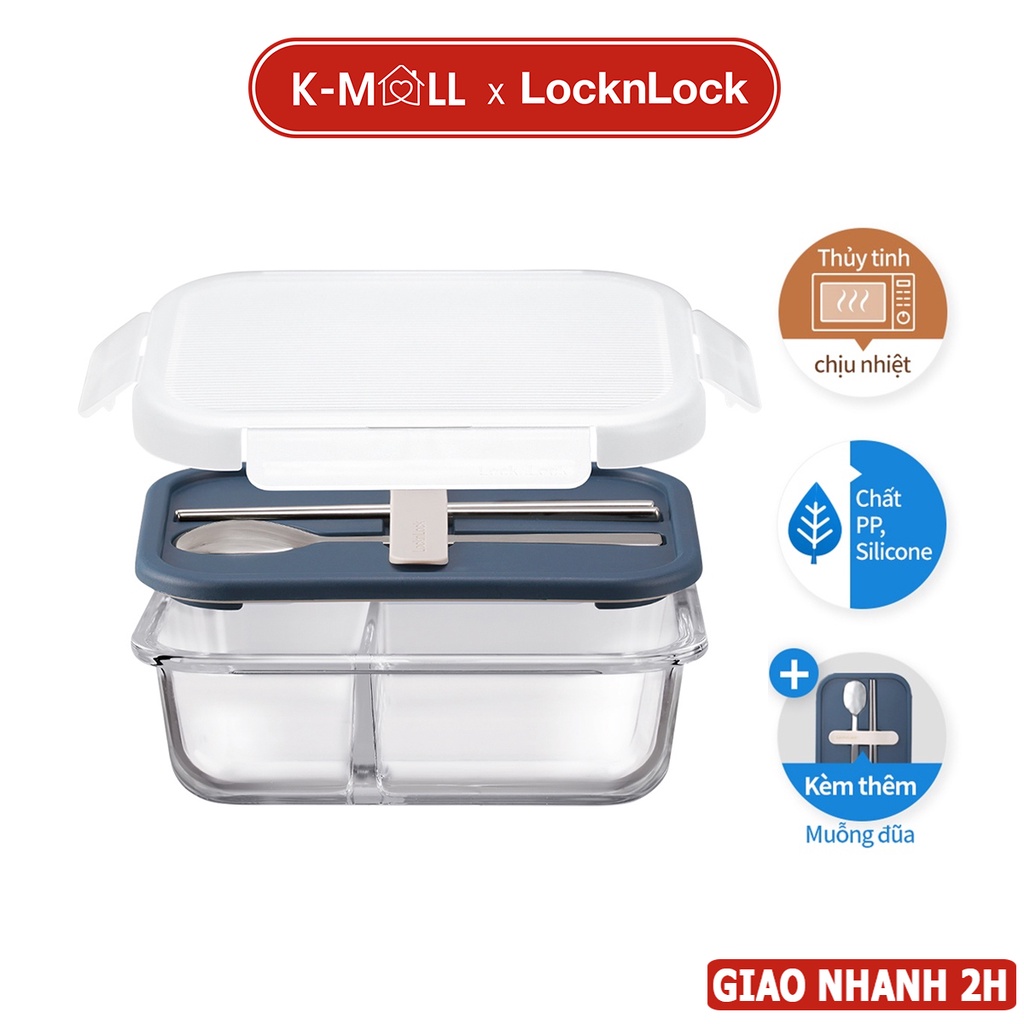 Hộp đựng cơm thủy tinh LocknLock LLG991CL  2 ngăn kèm muỗng đũa 930ml dùng được lò vi sóng - K-Mall