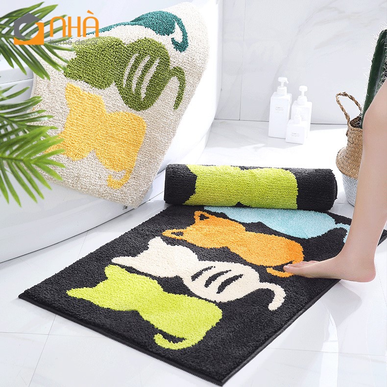 Thảm Sợi Len Siêu Thấm Hút Đế Cao Su Chống Trượt Họa Tiết Dễ Thương