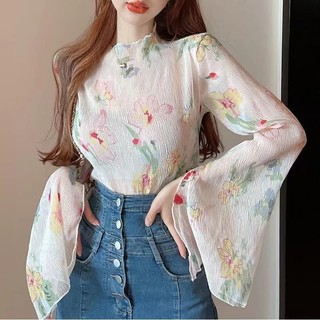 Áo Sơ Mi Chiffon Tay Dài Dáng Rộng In Hoa Phong Cách Hàn Quốc Cho Nữ Baju Baju Wanita Lengan Panjang Hàng Mới Có Sẵn