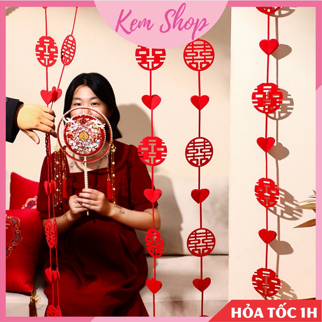 Set 4 dây chữ hỷ kèm trái tim trang trí rèm, cửa sổ phòng cưới - Kem Shop K327