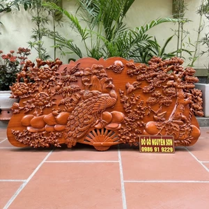 Tranh quạt treo tường gỗ hương mẫu phu thê viên mãn Sơn pu cao cấp