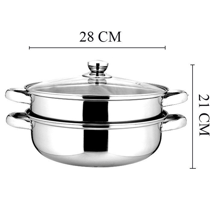 Bộ xửng hấp - nồi hấp 2 tầng  nắp kính inox 28cm cao cấp hấp xôi - hấp bánh bao đa năng -  tiện dụng