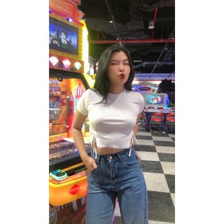 Áo thun croptop trơn tay ngắn dây rút