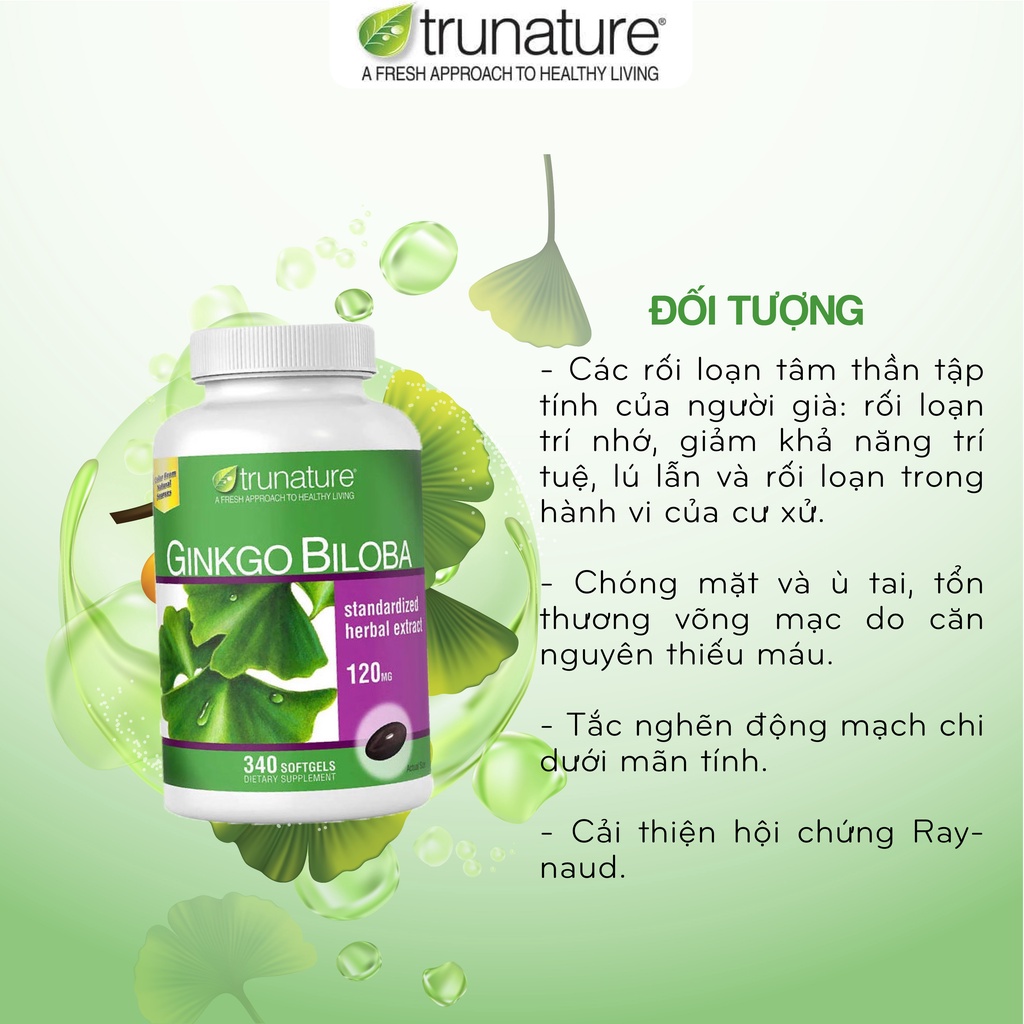 Viên uống Bổ não Trunature Ginkgo Biloba hỗ trợ tuần hoàn máu não 340 viên của Mỹ
