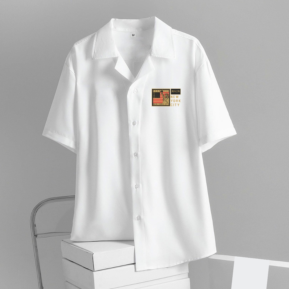 Áo Sơ Mi NEW YORK 92 Hoạ Tiết Tay Ngắn Cổ Vest Thời Trang Unisex Vải Lụa Chéo