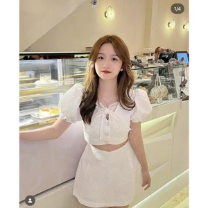 SET ÁO GẤM XỐP NƠ CỔ TIỂU THƯ, SET ĐỒ NỮ THANH LỊCH ĐI CHƠI ĐI LÀM | MEOINDAHOUSE