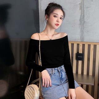 ÁO TRỄ VAI TAY DÀI CROPTOP MẶC 4 MÙA CHẤT THUN TĂM TÔN DÁNG HÀN QUỐC BABYDOLL HỞ VAI TRẮNG, ĐEN- A0001
