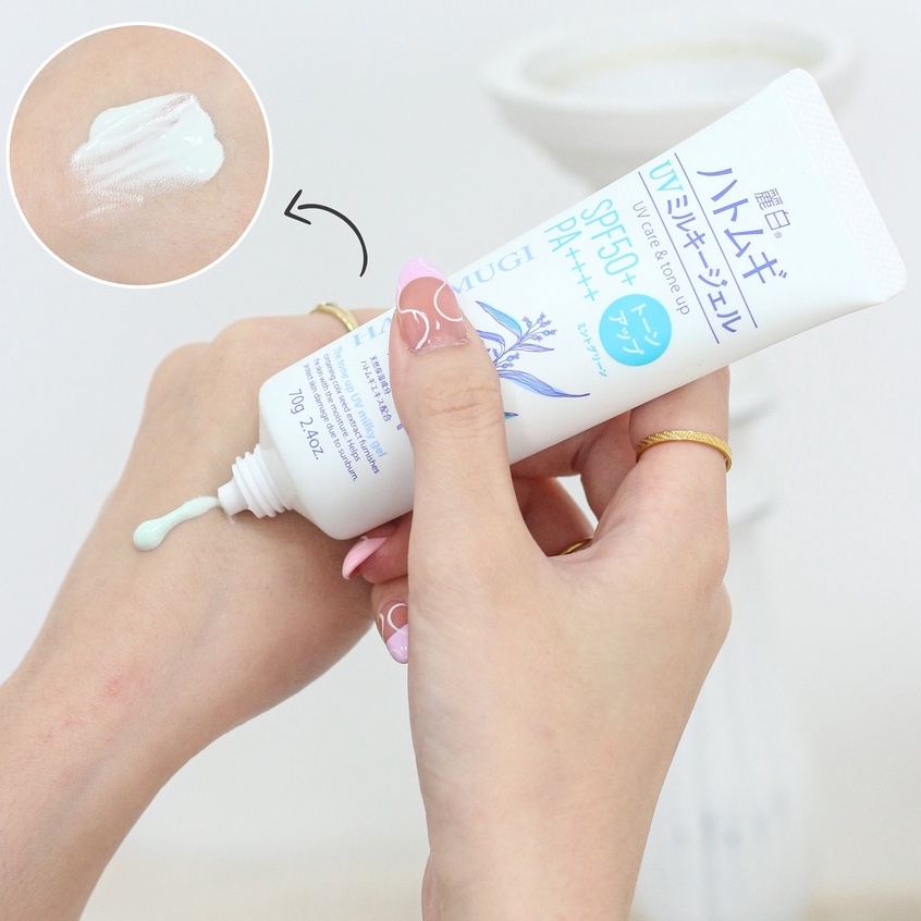 Gel Chống Nắng Nâng Tone Hatomugi UV Care & Tone Up Milky Gel SPF50+ Pa++++ Mint Green (Tuýp 70g)