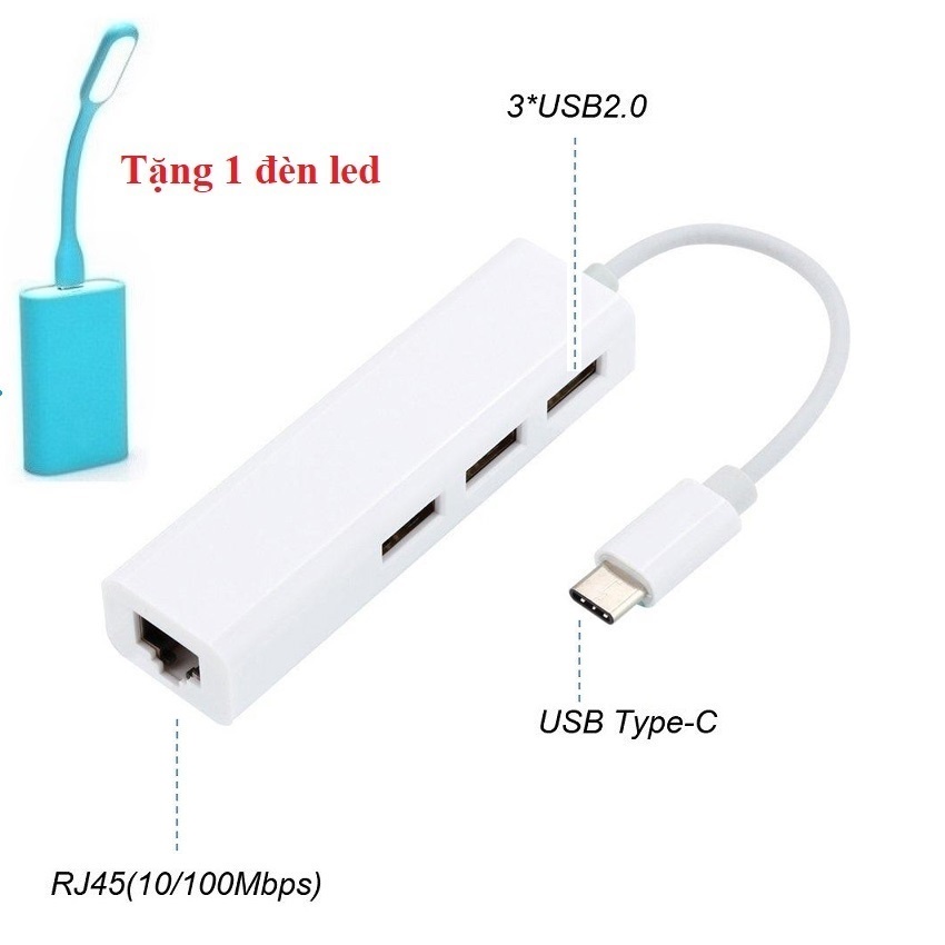 CÁP TYPE C RA 3 CỔNG USB VÀ CỔNG LAN RJ45 ETHERNET ADAPTER TẶNG 1 ĐÈN ...