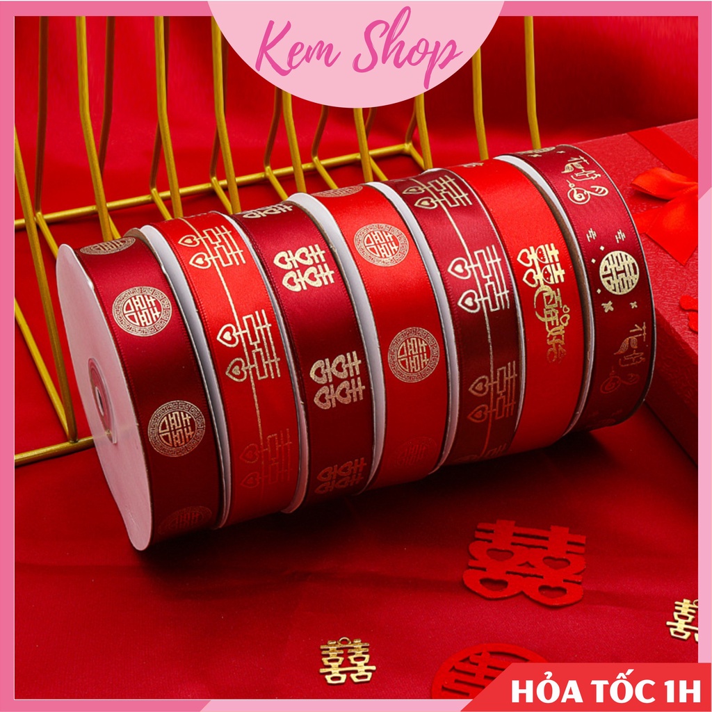 Cuộn ruy băng lụa đỏ, ruy băng song hỷ trang trí đám cưới, quà cưới - Kem Shop K329