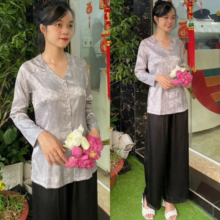 ÁO BÀ BA TIM GẤM (BÁN ÁO LẺ HOẶC QUẦN LẺ) bà ba nữ gấm cổ tim đủ màu bả ba Tết đồ lam nữ quần áo phật tử đi chùa