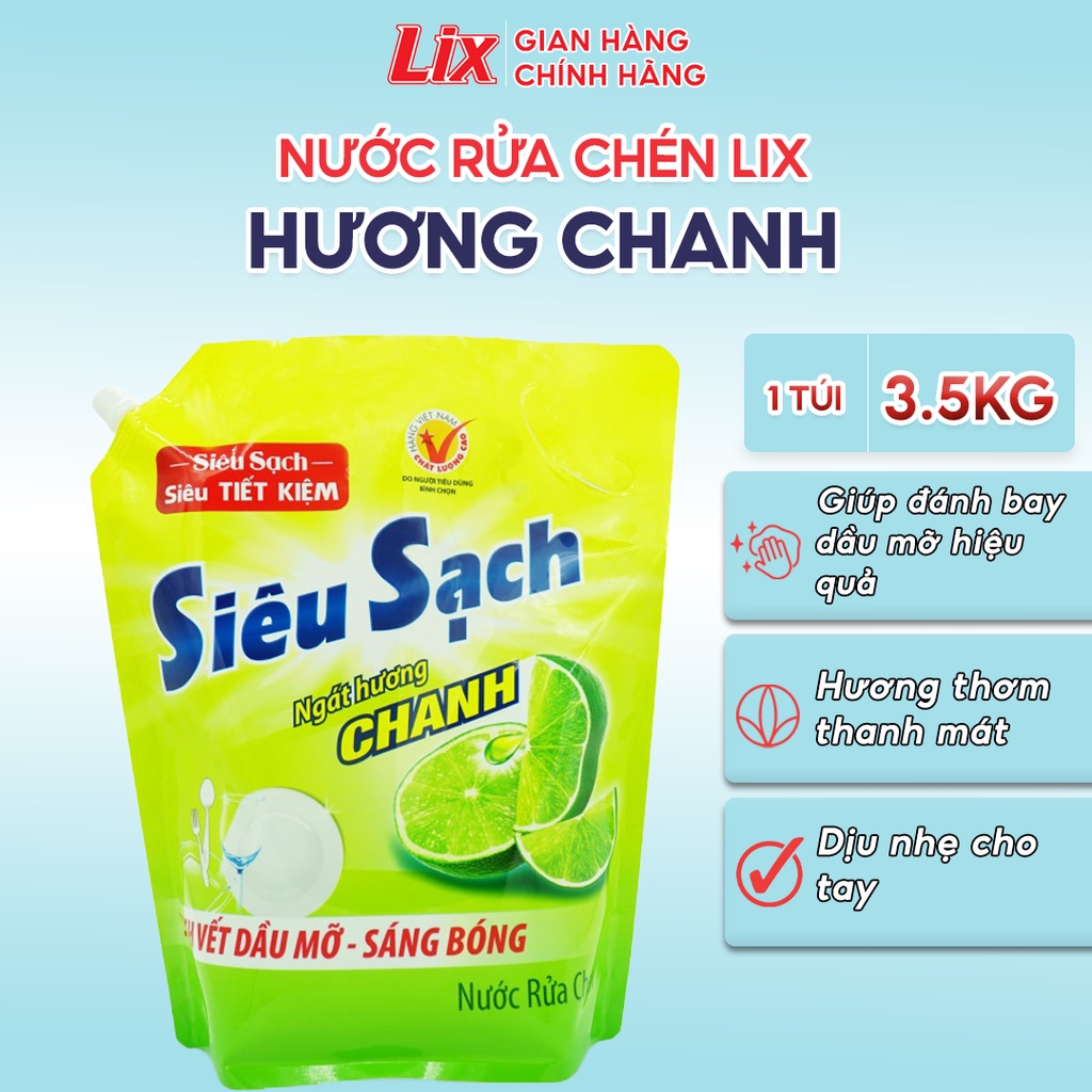 Ảnh Nước rửa chén LIX 3.5KG siêu sạch hương chanh loại túi N4301 làm sạch vết bẩn dầu mỡ không hại da tay 2
